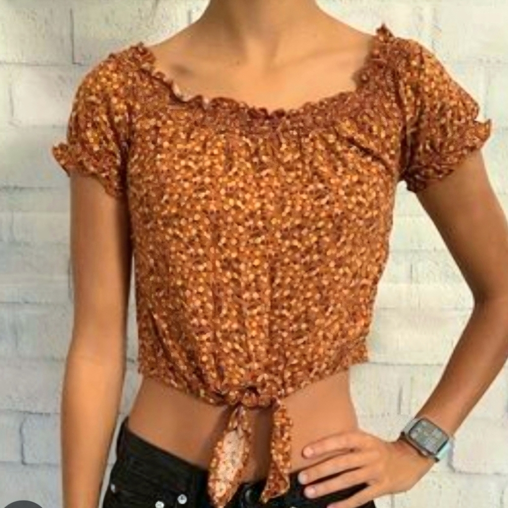 Mimi Chica Top Rust Brown‎ Ditsy Floral Off Shoulder Crop